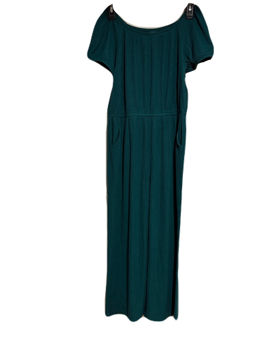 Women's Teal Ribbed Short-Sleeve Jumper with Pockets